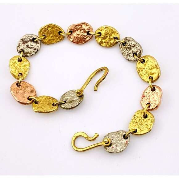 Brutalist Modernist Anne Dick Oval Hammered Mixed Metal Disc Links Bracelet VTG - Picture 5 of 5